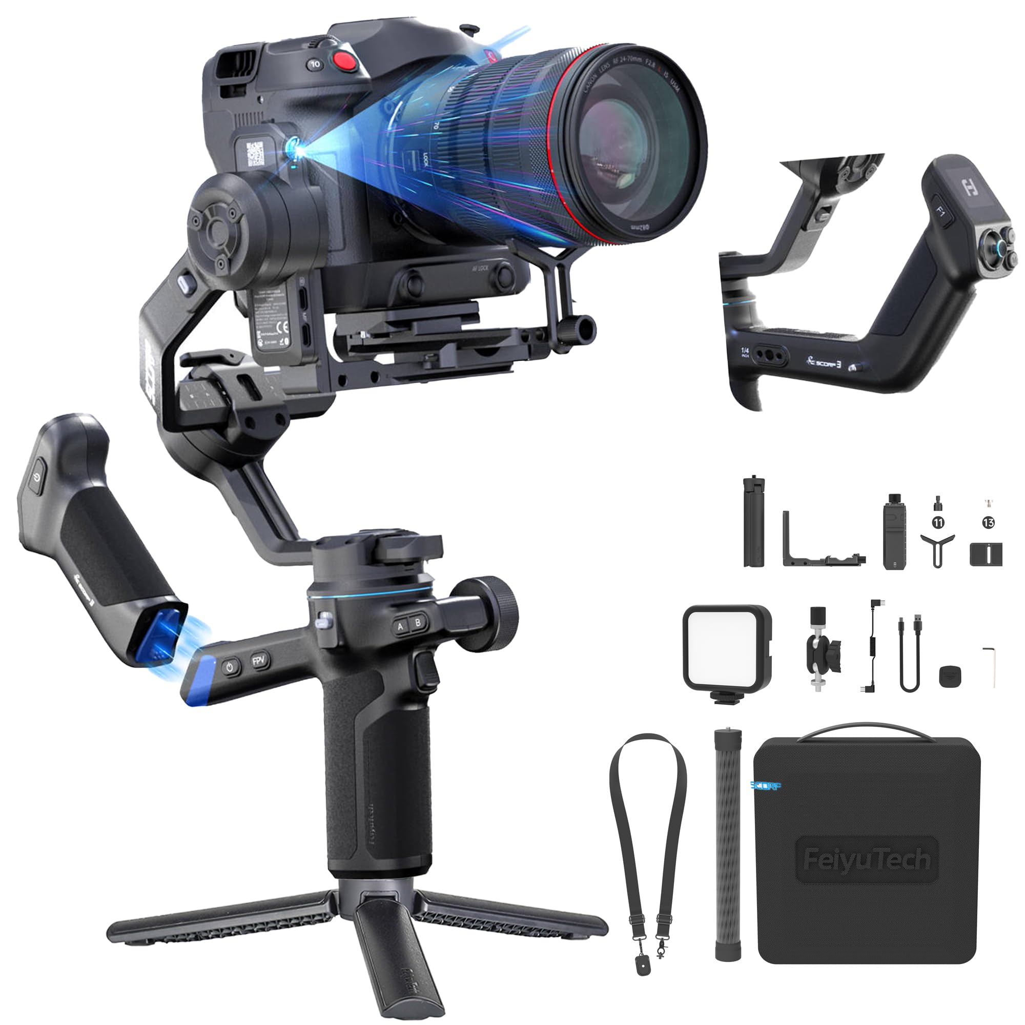 FeiyuTech SCORP 3 KIT Gimbal Stabilizer for DSLR and Mirrorless Camera,Built-in AI Tracking,Detachable Handle,3-Axis Gimbal for Sony/Canon/Nikon/Fujifilm, Max 7.721lbs,Touch Screen with Case