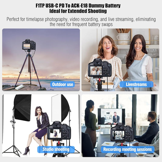 F1TP USB C to ACK E18 Dummy Battery for Canon R50 Dummy Battery DR-E18 LP-E17 DC Coupler Kit, for Canon EOS R50, R100, R8, R10, RP, Rebel T6i, T7i, T8i, T6s, SL3, SL2, 77D and 800D Digital Cameras